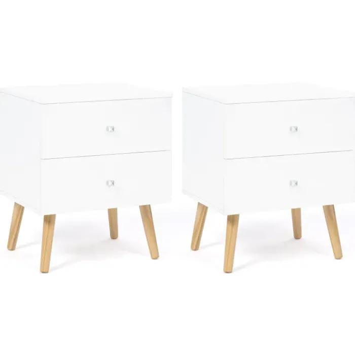 Lot de 2 tables de chevet scandinaves bois et blanc 2 tiroirs