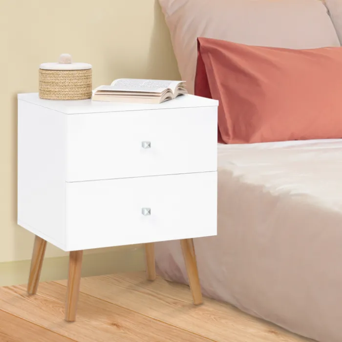 Lot de 2 tables de chevet scandinaves bois et blanc 2 tiroirs