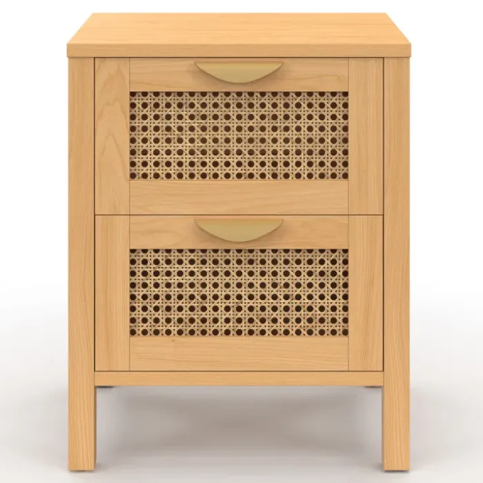 Lot de 2 tables de chevet 2 tiroirs cannage et bois