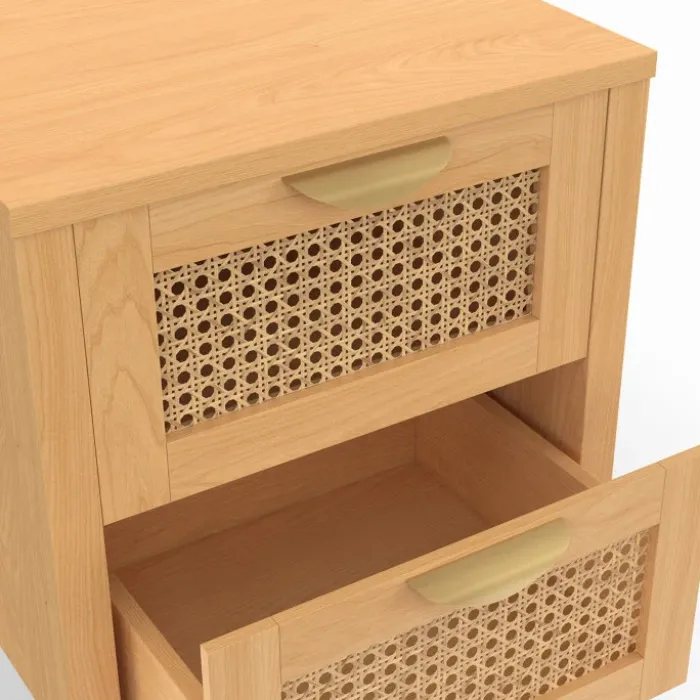 Lot de 2 tables de chevet 2 tiroirs cannage et bois