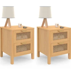 Lot de 2 tables de chevet 2 tiroirs cannage et bois