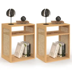 Lot de 2 tables de chevet avec rangements ouverts effet lattes et bois