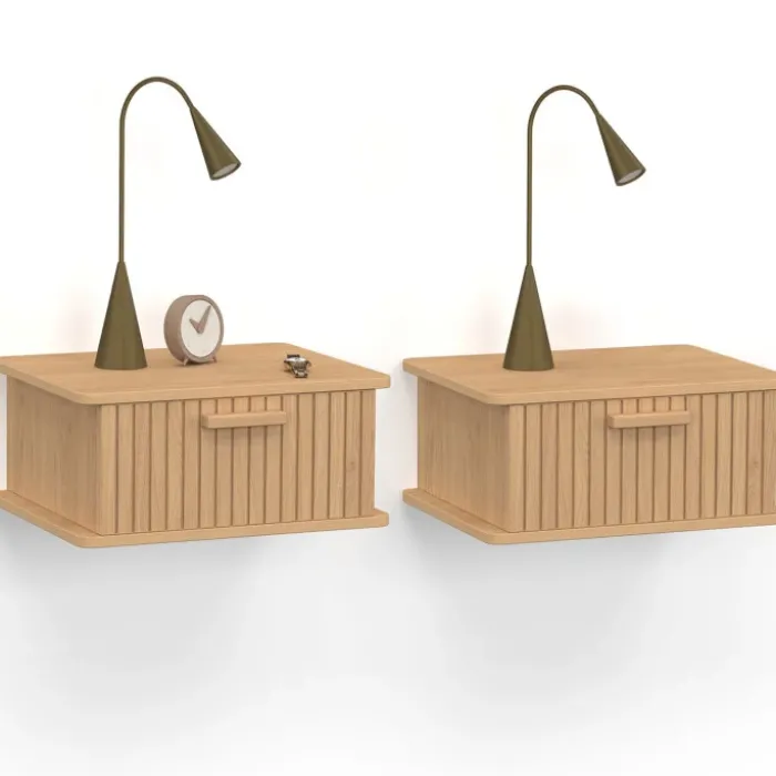 Lot de 2 tables de chevet suspendues lattes tasseau bois 1 tiroir