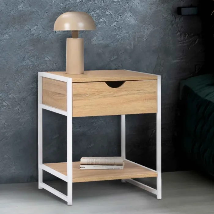 Lot de 2 tables de chevet métal blanc et bois