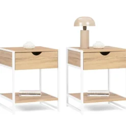 Lot de 2 tables de chevet métal blanc et bois