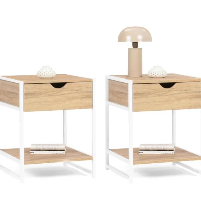 Lot de 2 tables de chevet métal blanc et bois