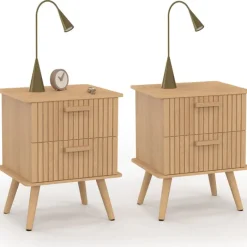 Lot de 2 tables de chevet avec 2 tiroirs en lattes tasseau bois coloris chêne