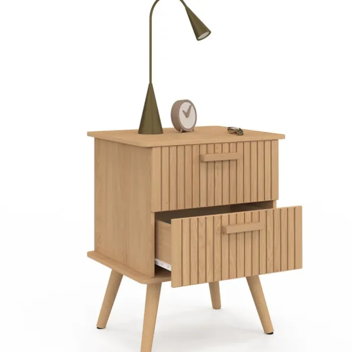 Lot de 2 tables de chevet avec 2 tiroirs en lattes tasseau bois coloris chêne