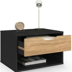 Lot de 2 tables de chevet suspendues 1 tiroir avec niche en bois façon hêtre et noir