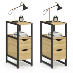 Lot de 2 tables de chevet bois et métal noir 2 tiroirs 1 niche style industriel