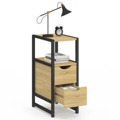 Lot de 2 tables de chevet bois et métal noir 2 tiroirs 1 niche style industriel