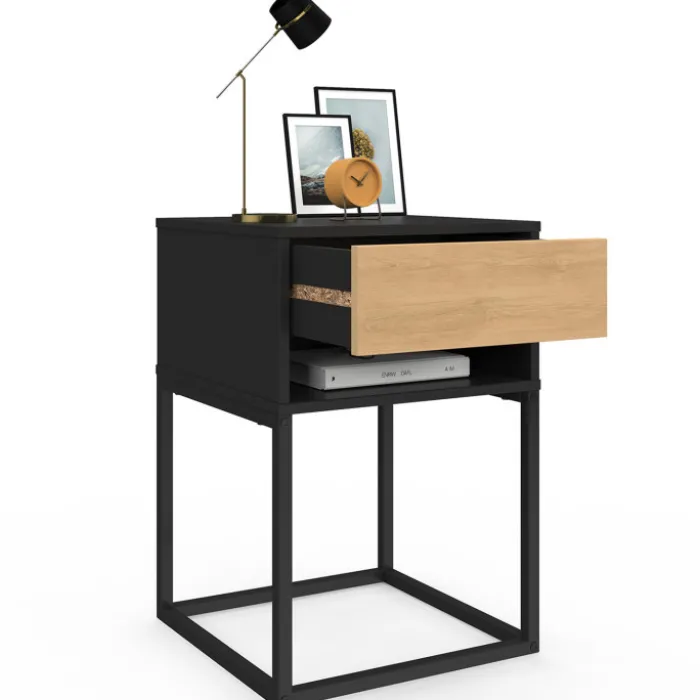 Lot de 2 tables de chevet 1 tiroir façon hêtre et 1 niche noire
