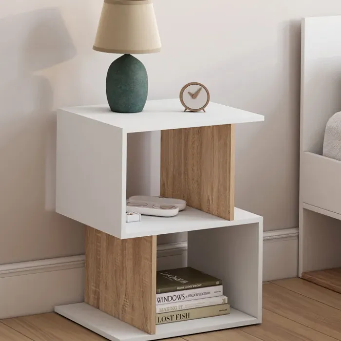 Lot de 2 tables de chevet forme S avec rangements ouverts blanc et effet hêtre