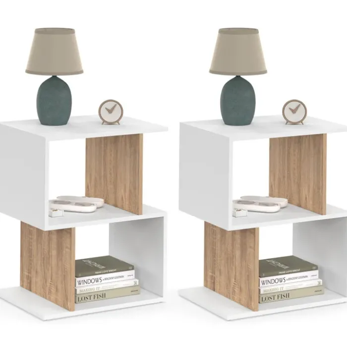 Lot de 2 tables de chevet forme S avec rangements ouverts blanc et effet hêtre
