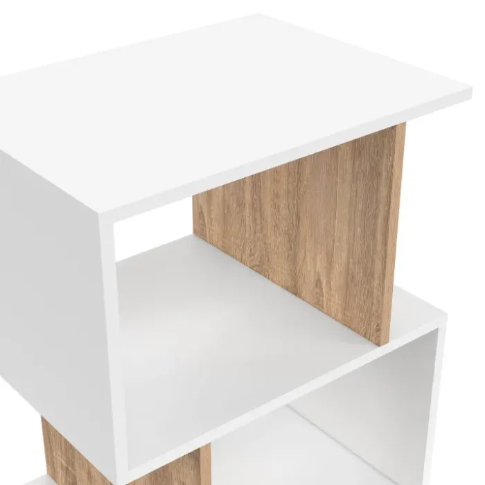 Lot de 2 tables de chevet forme S avec rangements ouverts blanc et effet hêtre