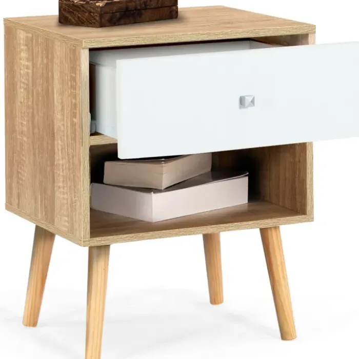 Lot de 2 tables de chevet scandinaves hêtre et blanc 1 tiroir