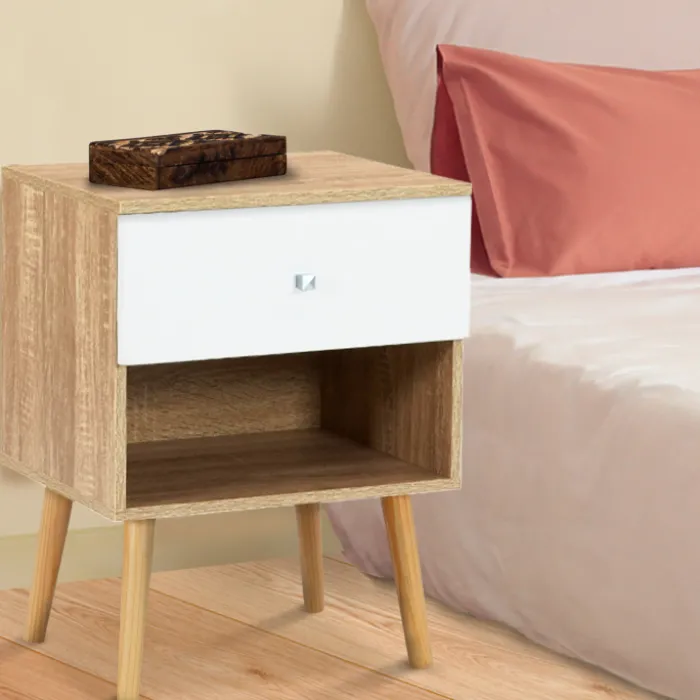 Lot de 2 tables de chevet scandinaves hêtre et blanc 1 tiroir