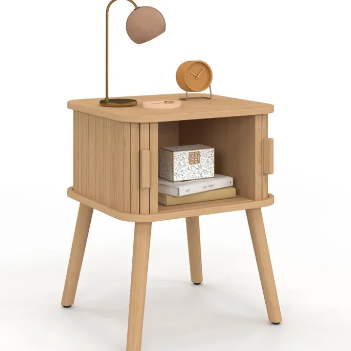 Lot de 2 tables de chevet 2 portes coulissantes lattes tasseaux bois coloris chêne