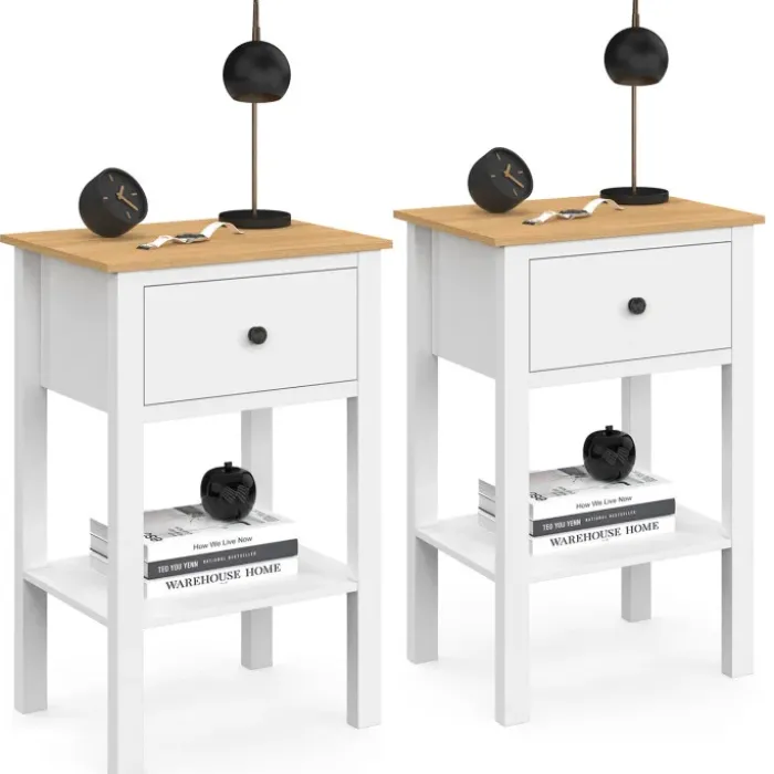 Lot de 2 tables de chevet 1 tiroir et 1 tablette blanc et plateau bois