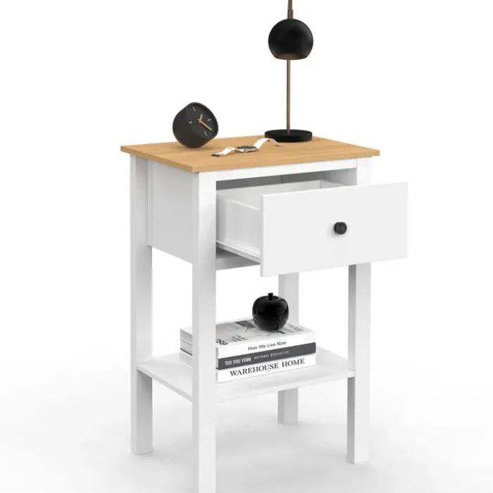Lot de 2 tables de chevet 1 tiroir et 1 tablette blanc et plateau bois