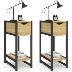 Lot de 2 tables de chevet gain de place bois et métal noir 1 tiroir 1 tablette style industriel