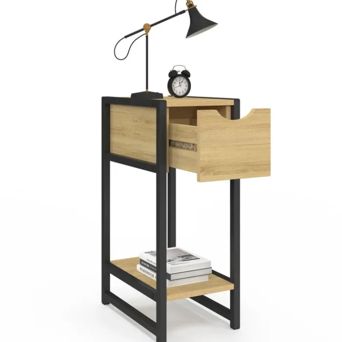 Lot de 2 tables de chevet gain de place bois et métal noir 1 tiroir 1 tablette style industriel