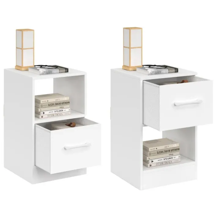 Lot de 2 tables de chevet 1 tiroir en tissu avec niche bois blanc