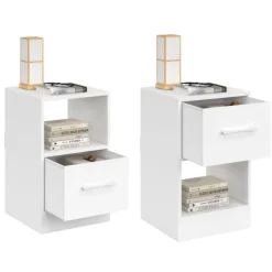 Lot de 2 tables de chevet 1 tiroir en tissu avec niche bois blanc