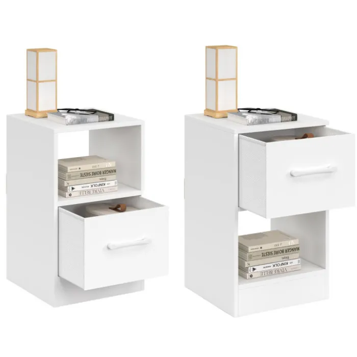 Lot de 2 tables de chevet 1 tiroir en tissu avec niche bois blanc