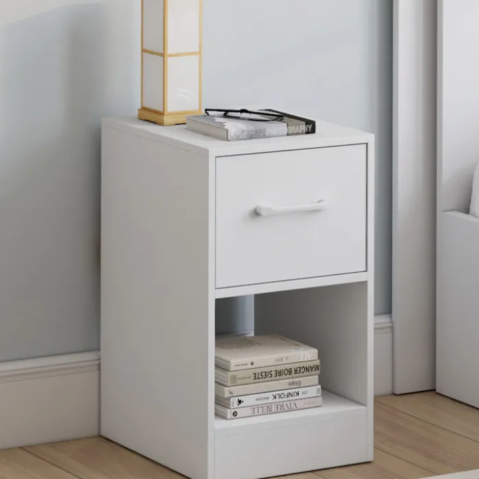 Lot de 2 tables de chevet 1 tiroir en tissu avec niche bois blanc