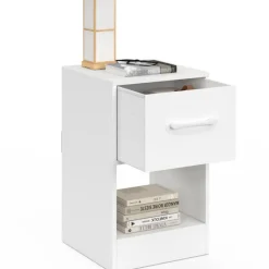 Lot de 2 tables de chevet 1 tiroir en tissu avec niche bois blanc
