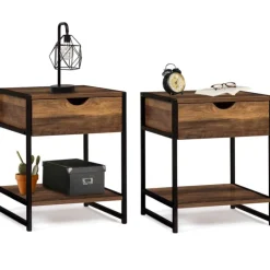 Lot de 2 tables de chevet métal et bois foncé