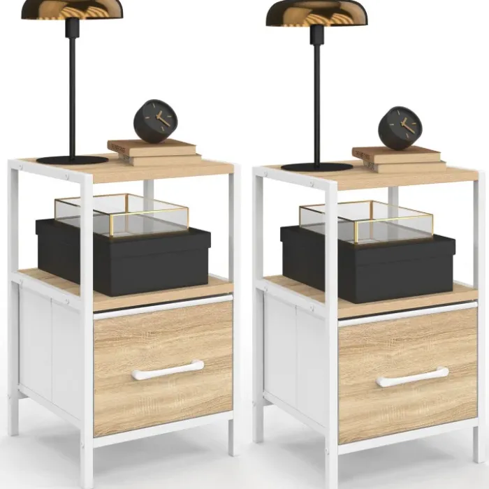 Lot de 2 tables de chevet 1 tiroir et 1 niche bois et blanc