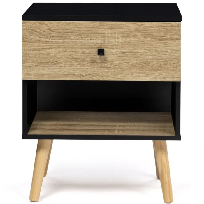 Lot de 2 tables de chevet scandinaves bois et noir 1 tiroir