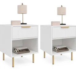 Lot de 2 tables de chevet bois blanc avec 1 tiroir lattes tasseau, une niche et pieds doré