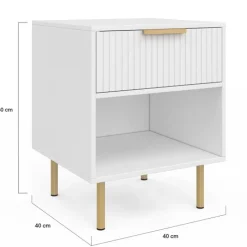 Lot de 2 tables de chevet bois blanc avec 1 tiroir lattes tasseau, une niche et pieds doré