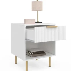 Lot de 2 tables de chevet bois blanc avec 1 tiroir lattes tasseau, une niche et pieds doré