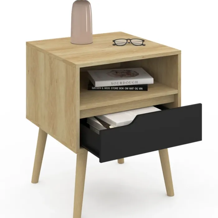 Lot de 2 tables de chevet scandinaves avec tiroir bois effet hêtre et noir