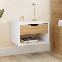 Lot de 2 tables de chevet suspendues 1 tiroir avec niche en bois façon hêtre et blanc
