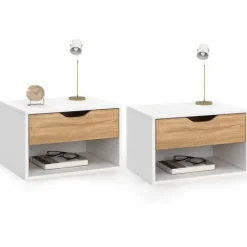 Lot de 2 tables de chevet suspendues 1 tiroir avec niche en bois façon hêtre et blanc