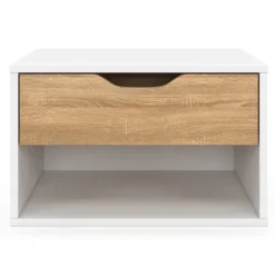 Lot de 2 tables de chevet suspendues 1 tiroir avec niche en bois façon hêtre et blanc