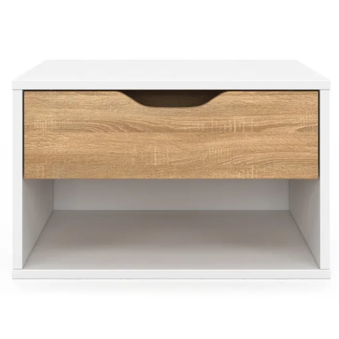 Lot de 2 tables de chevet suspendues 1 tiroir avec niche en bois façon hêtre et blanc