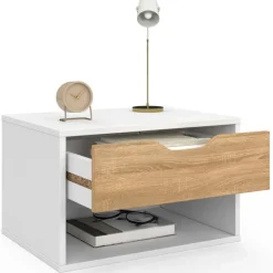 Lot de 2 tables de chevet suspendues 1 tiroir avec niche en bois façon hêtre et blanc