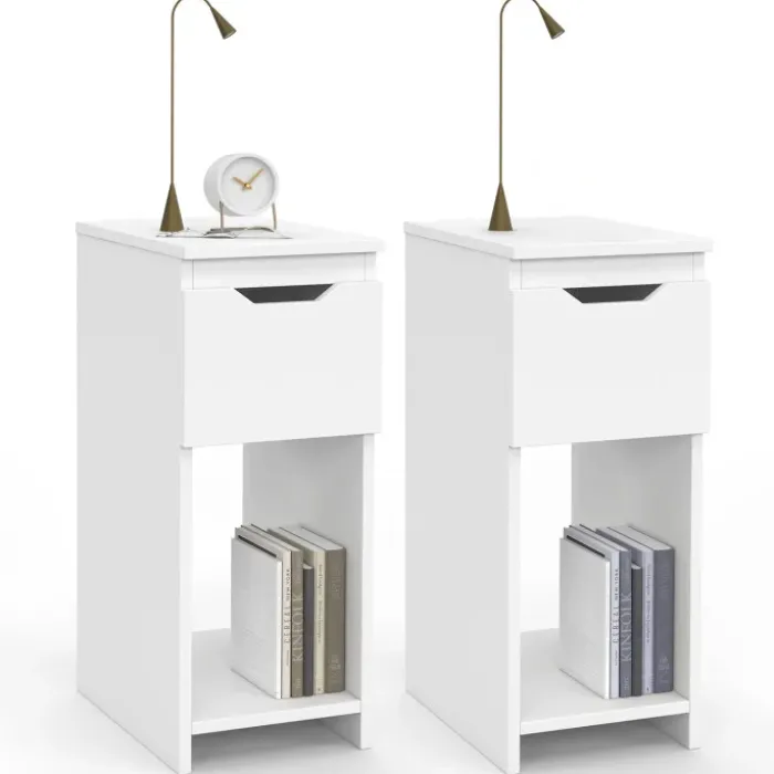 Lot de 2 tables de chevet étroites 1 tiroir avec niche blanc