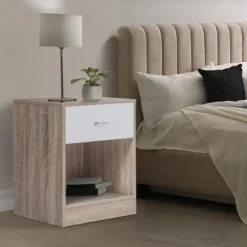 Lot de 2 tables de nuit bois façon hêtre tiroir blanc