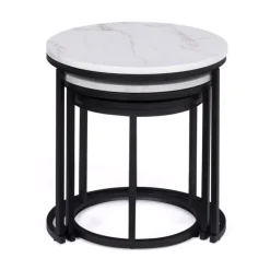 Lot de 3 tables gigognes rondes effet marbre et bois noir 35/40/45 cm