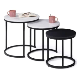 Lot de 3 tables gigognes rondes effet marbre et bois noir 35/40/45 cm