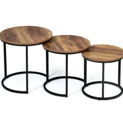 Lot de 3 tables gigognes rondes style industriel bois foncé