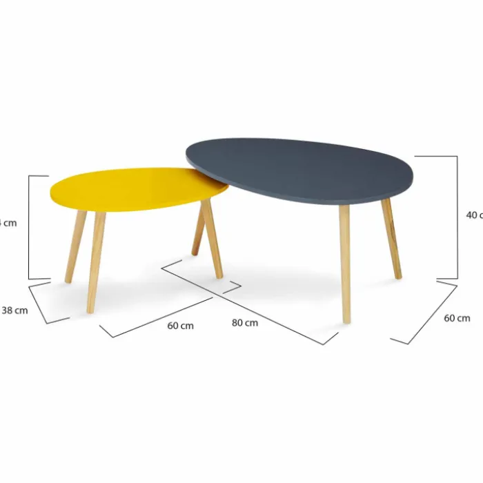 Lot de 2 tables gigognes scandinaves laquées gris et jaune
