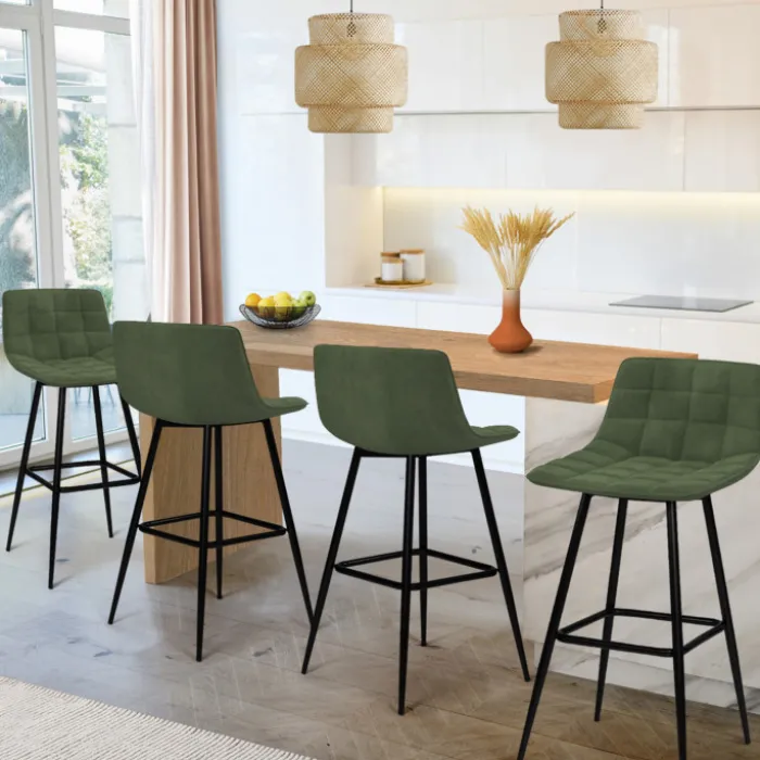 Lot de 4 tabourets de bar en velours vert